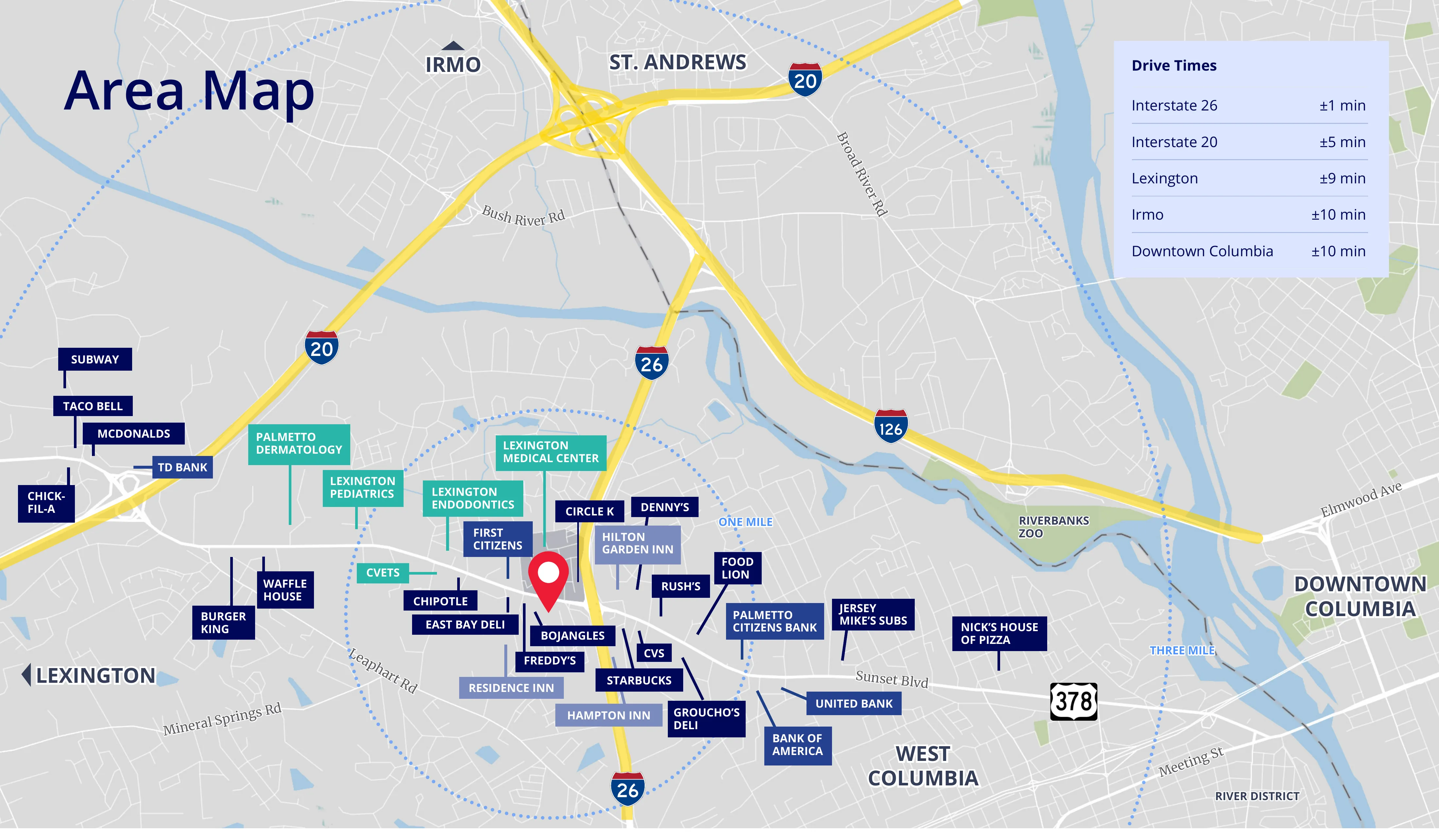 Area map showing travel times from 101 Medical Circle